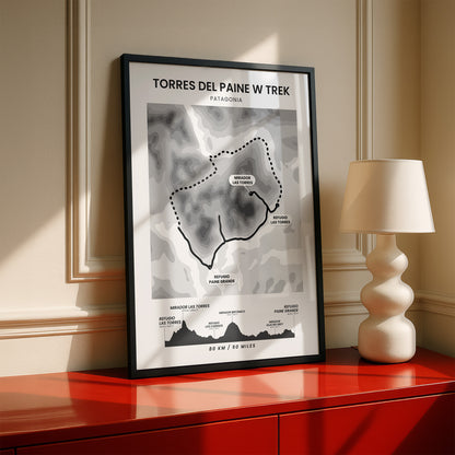 Torres Del Paine W Circuit (South America) Elevation Map Map Art with Black Background