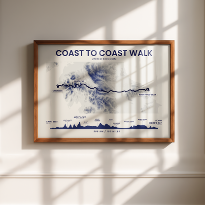 Wainwright's Coast To Coast Walk (St Bees To Robin Hood's Bay) Topographic Map Wall Art with Blue Background