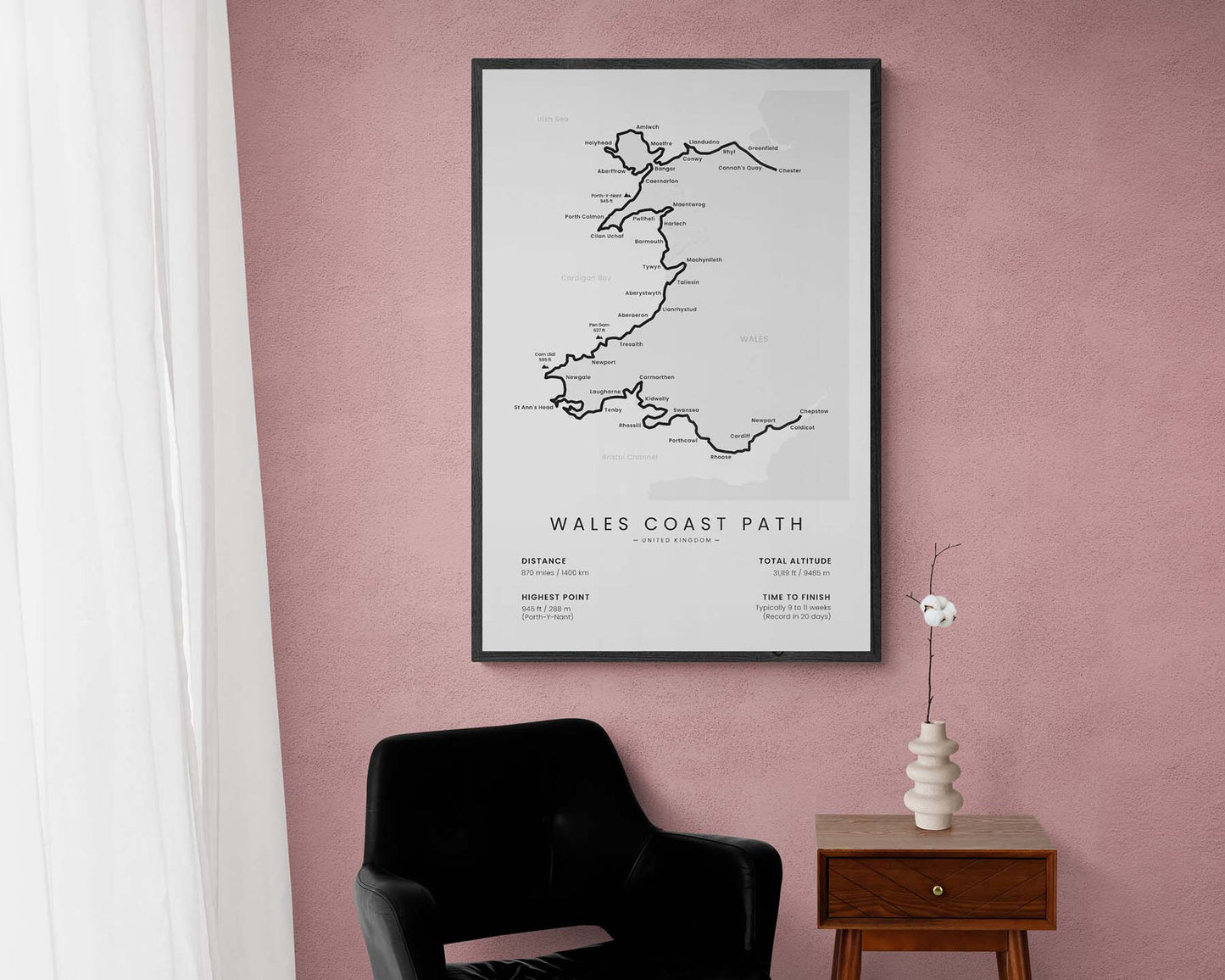 Wales Coast Path (United Kingdom) track map art in minimal room decor