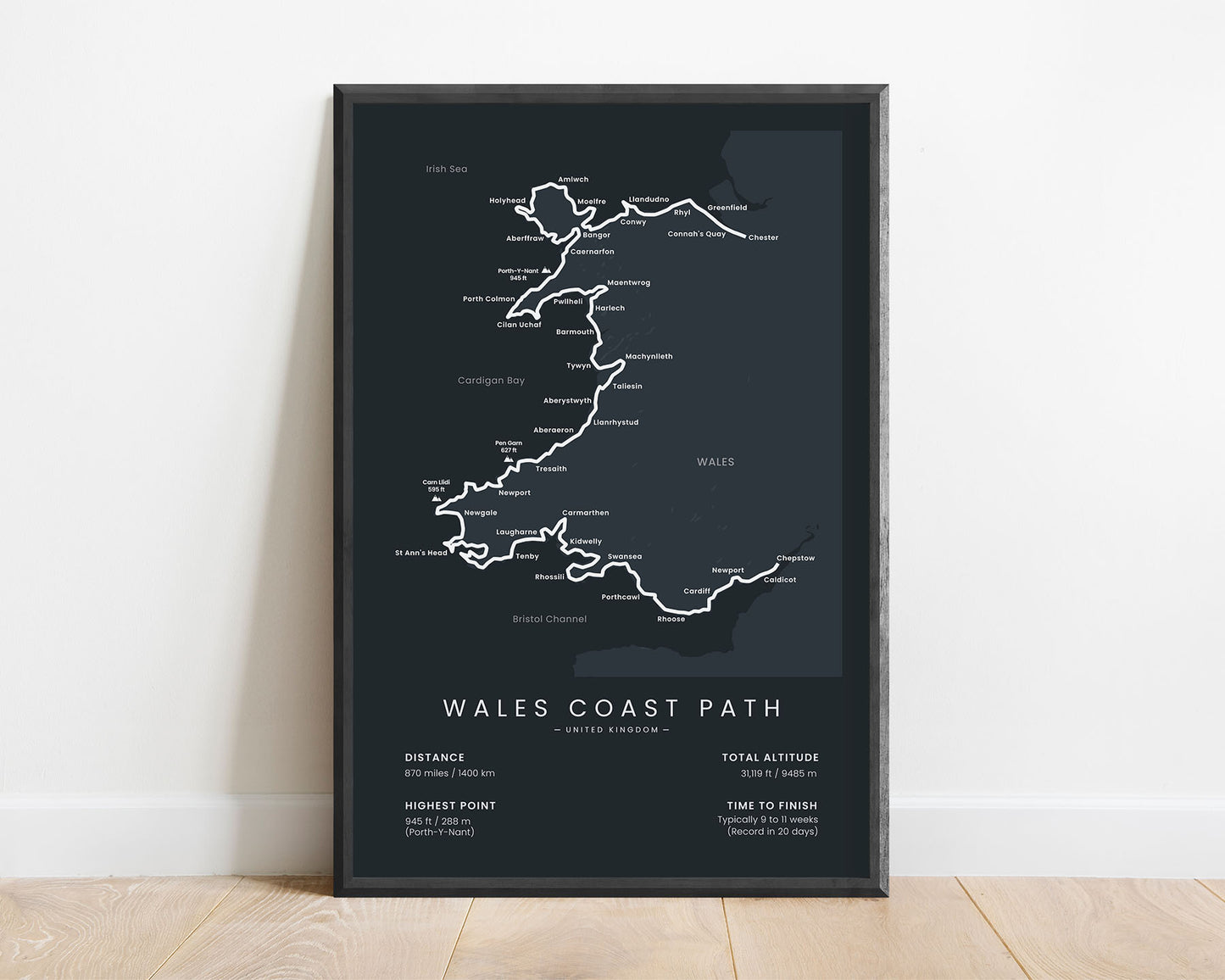 Wales Coast Path (Pembrokeshire Coast Path) thru hike print with black background