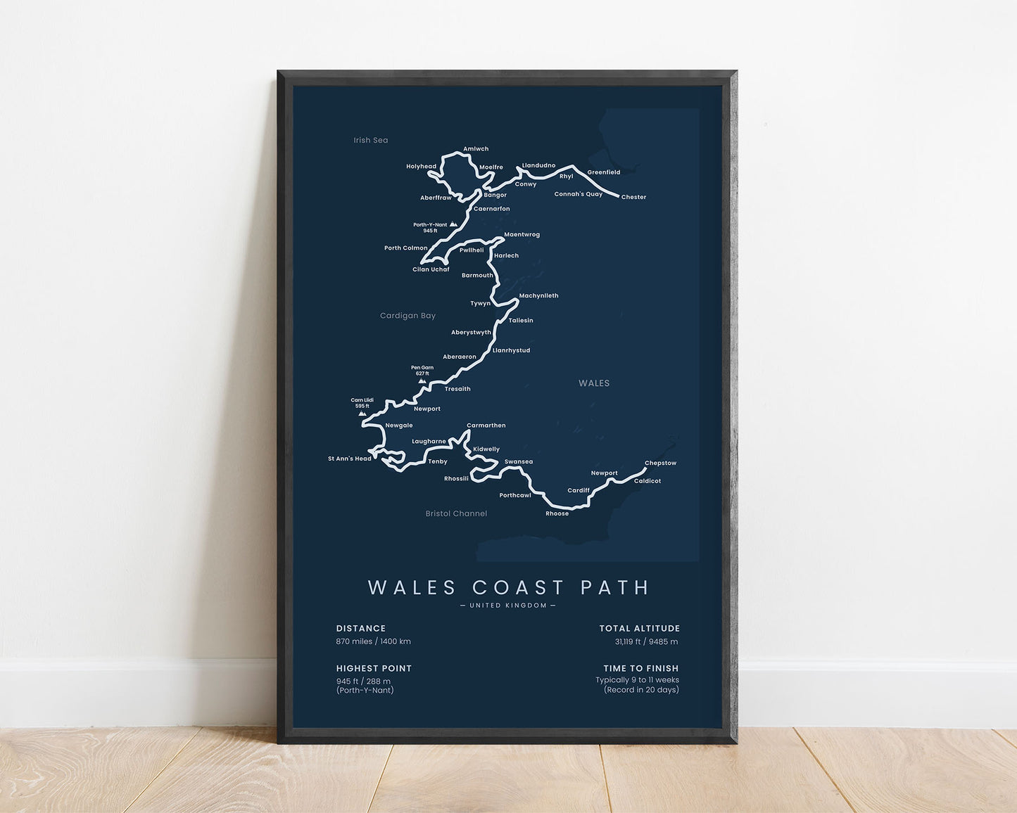 Llwybr Arfordir Cymru (Anglesey Coastal Path) trail wall art with blue background