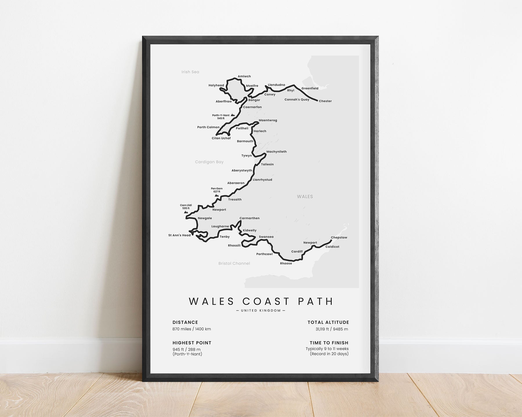 Wales Coast Path (Chester to Chepstow) route wall map with white background