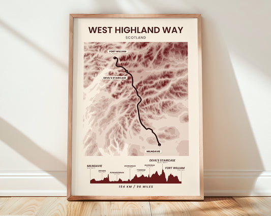 West Highland Way (Scotland) Landscape Map Poster Print with Red Background