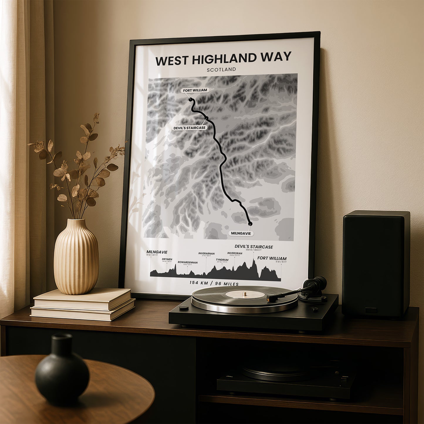 West Highland Way (Milngavie To Fort William) Geological Map Wall Art with Black Background