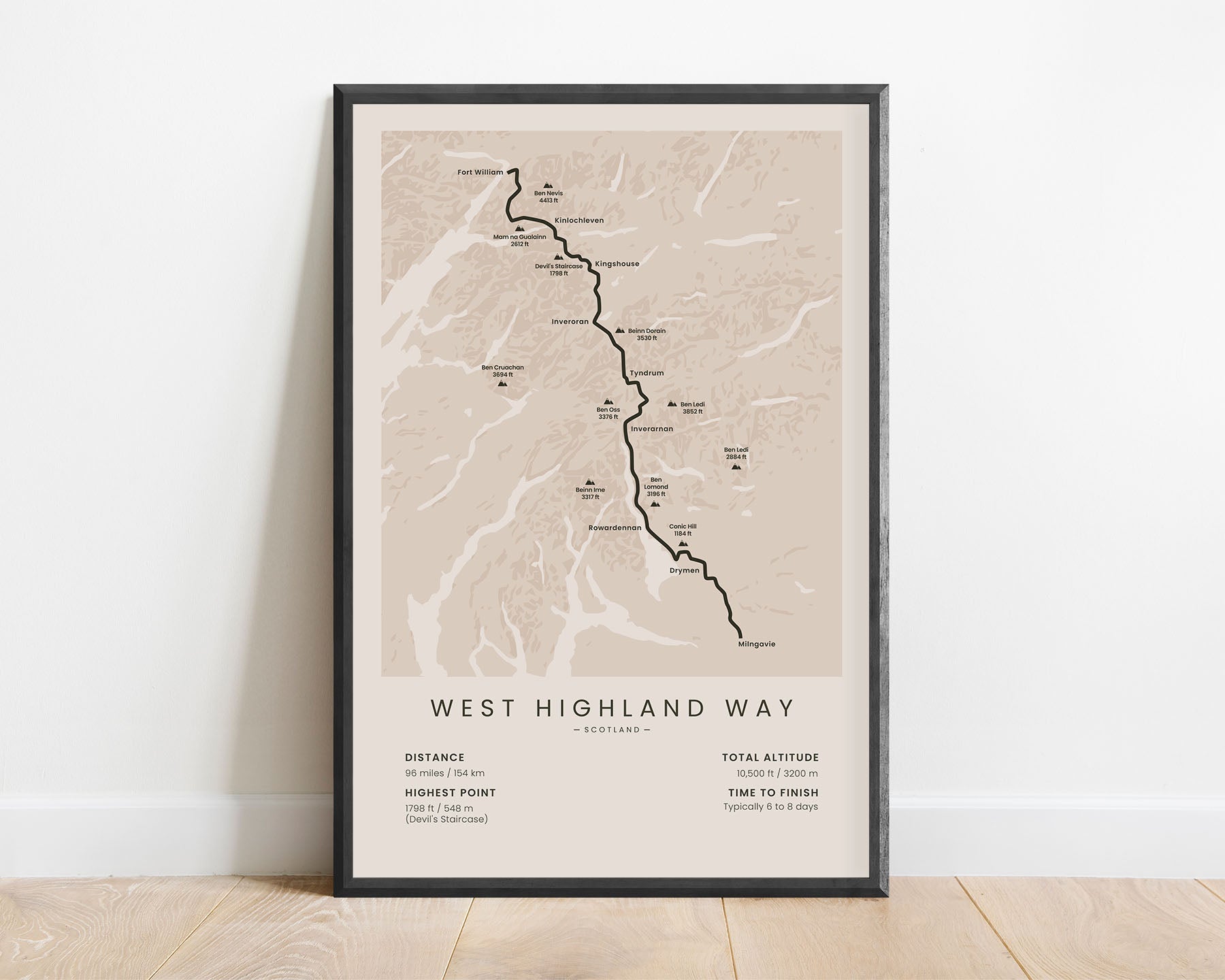 West Highland Way (Milngavie to Fort William) Hike Wall Map with Beige Background