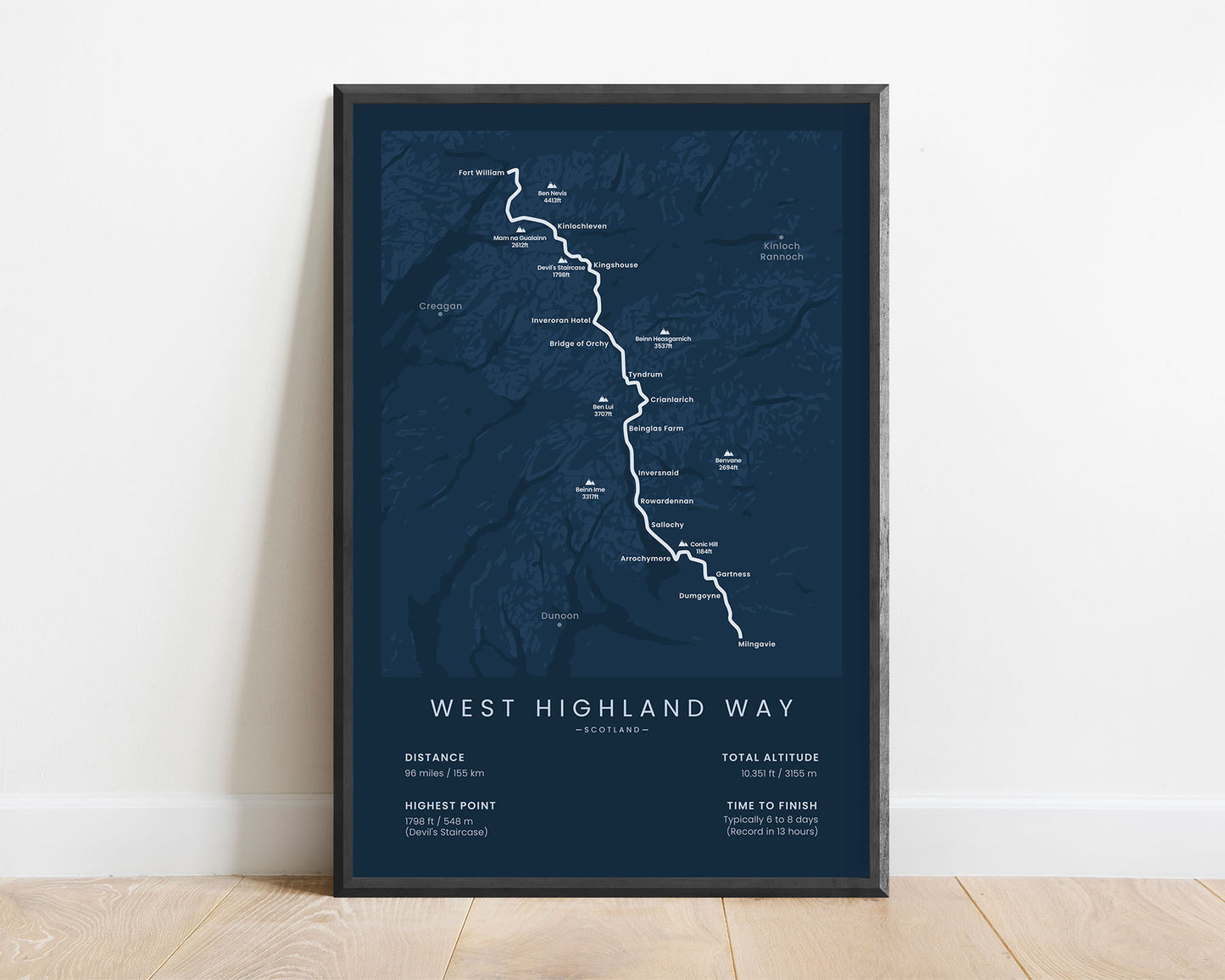 West Highland Way (near Ben Nevis in Scottish Highlands) long-distance hiking trail wall decor with blue background