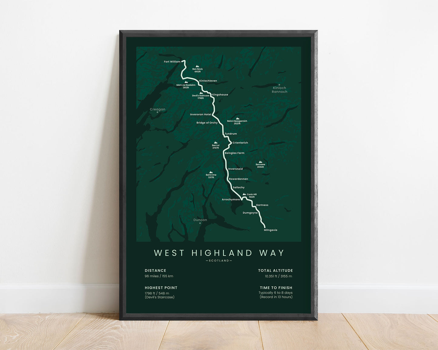 West Highland Way Minimalist Backpacking Route Map Poster with green background