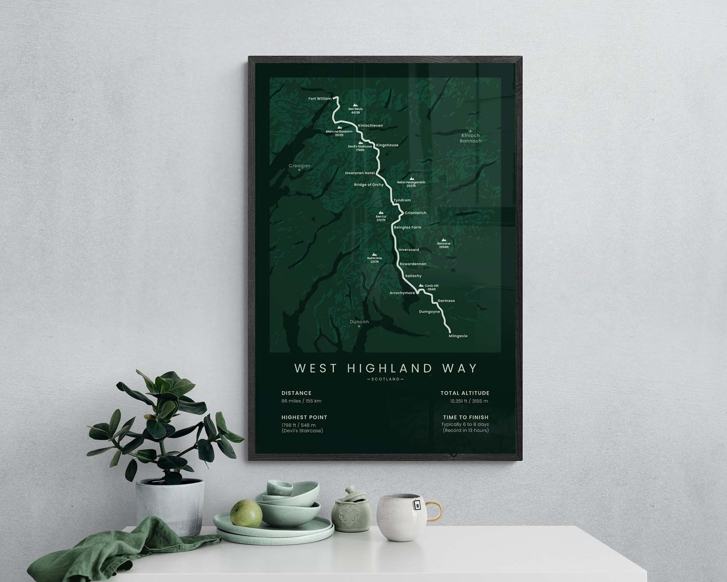 West Highland Way in Scottish Highlands walking track print with green background in living room