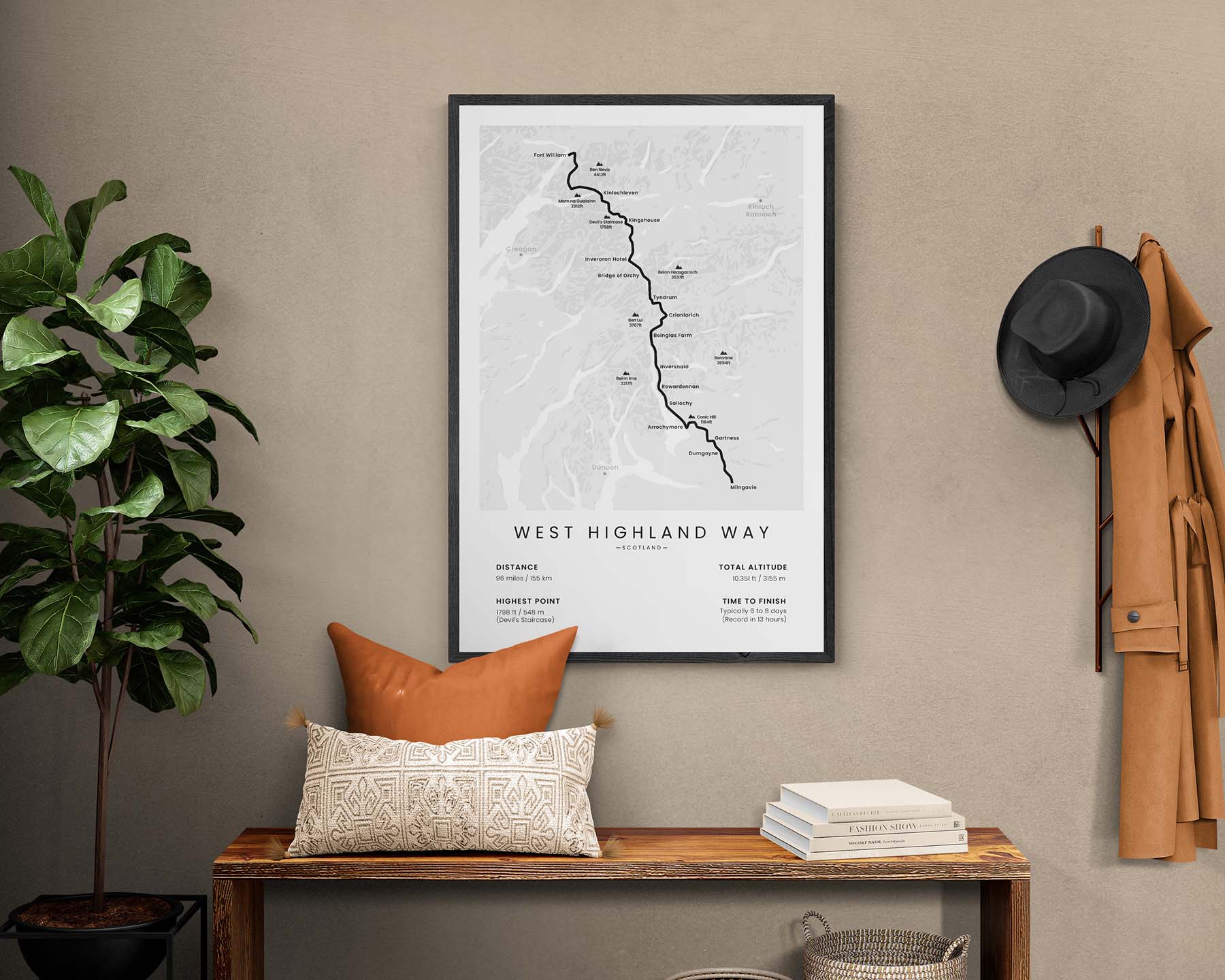 West Highland Way hiking trail map with white background in hallway interior