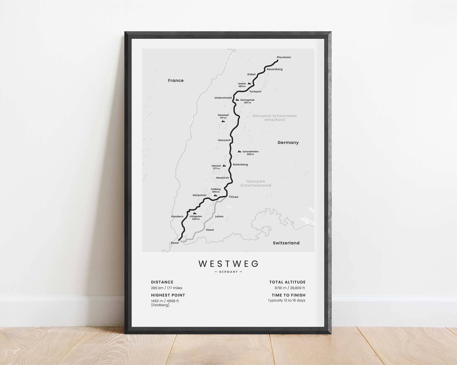 Westweg (Black Forest) Trek Poster with White Background