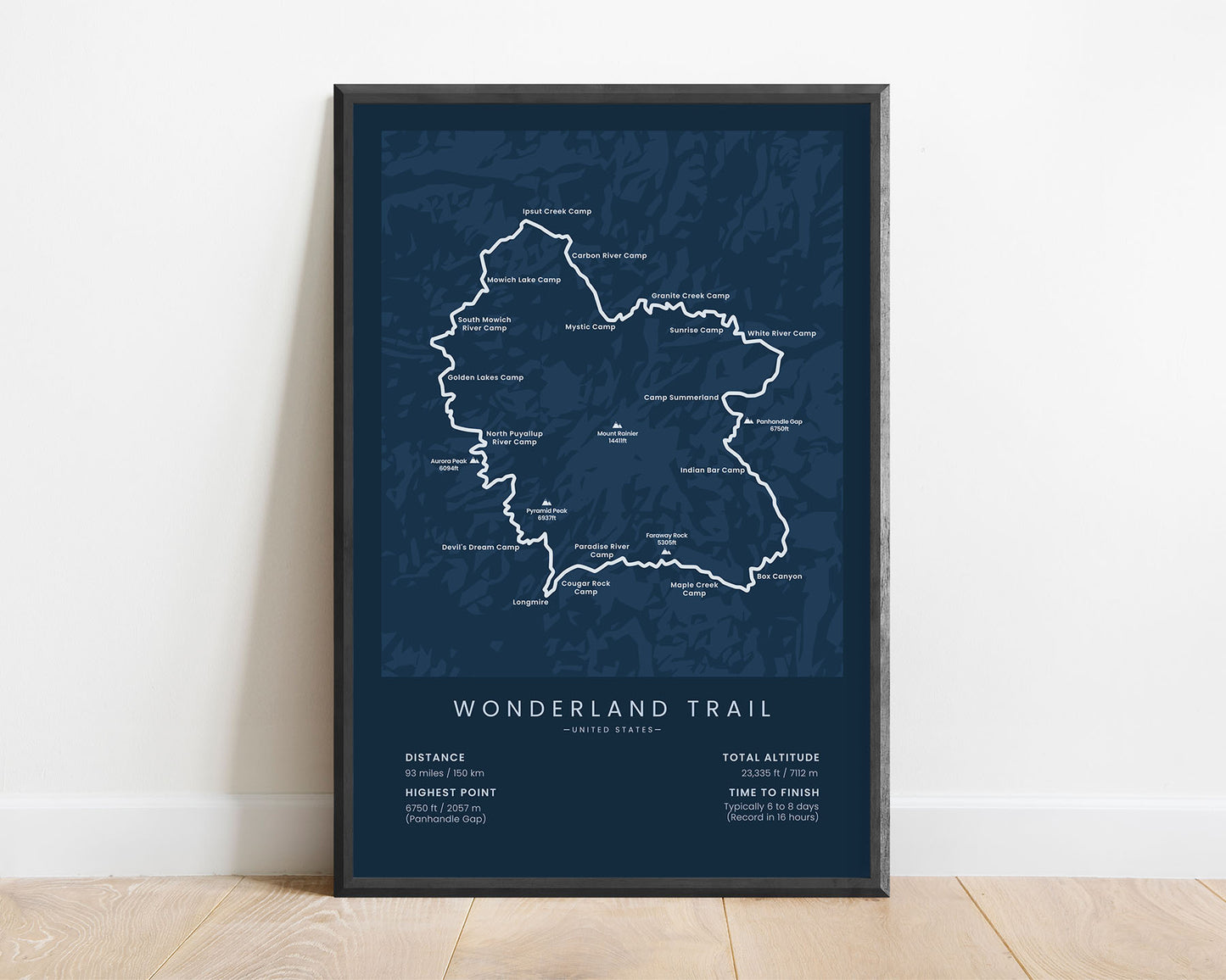 Wonderland Trail (Washington) path poster with blue background