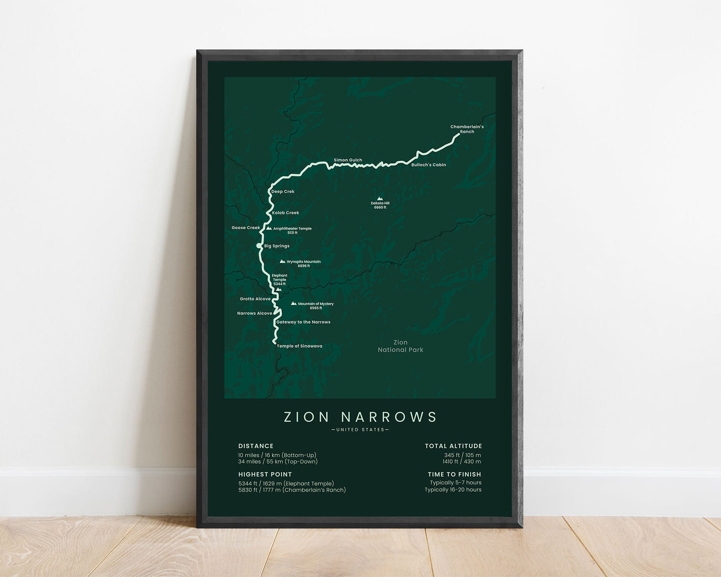 The Narrows (Zion National Park) hiking trail print with green background