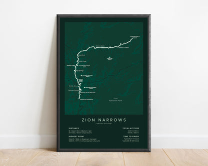 The Narrows (Zion National Park) hiking trail print with green background