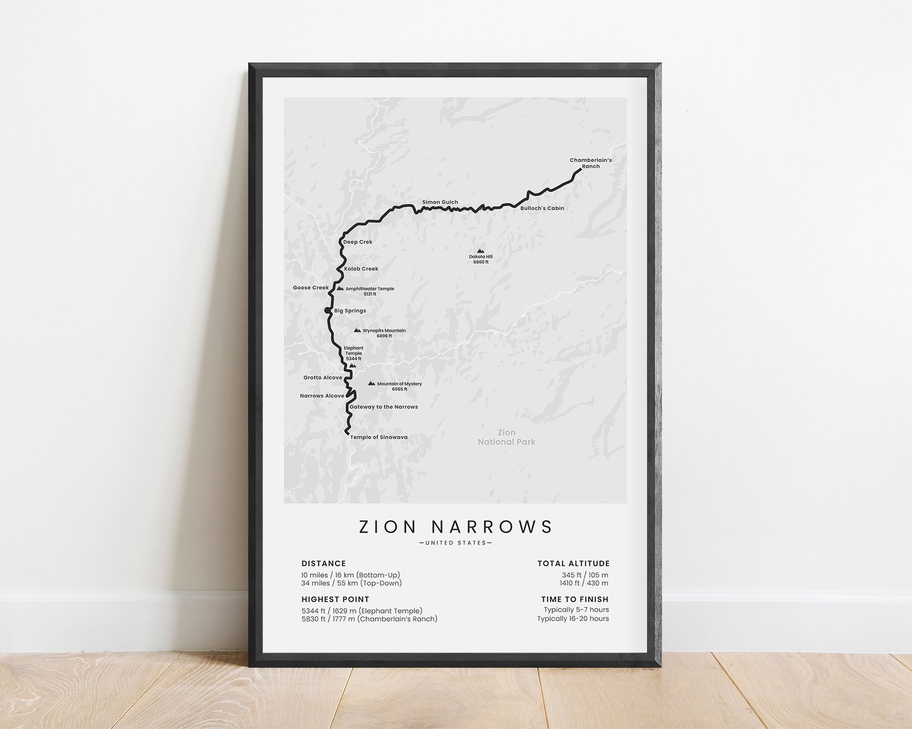The Narrows (Zion National Park) trek wall map with white background